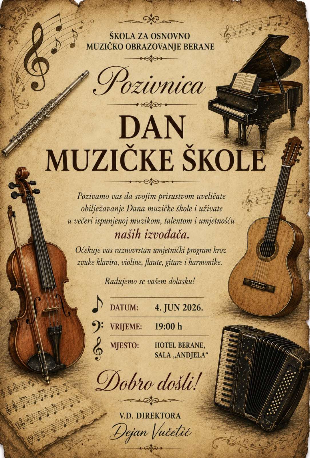 Plakat — Dan muzičke škole, 4. jun 2026, Hotel Berane